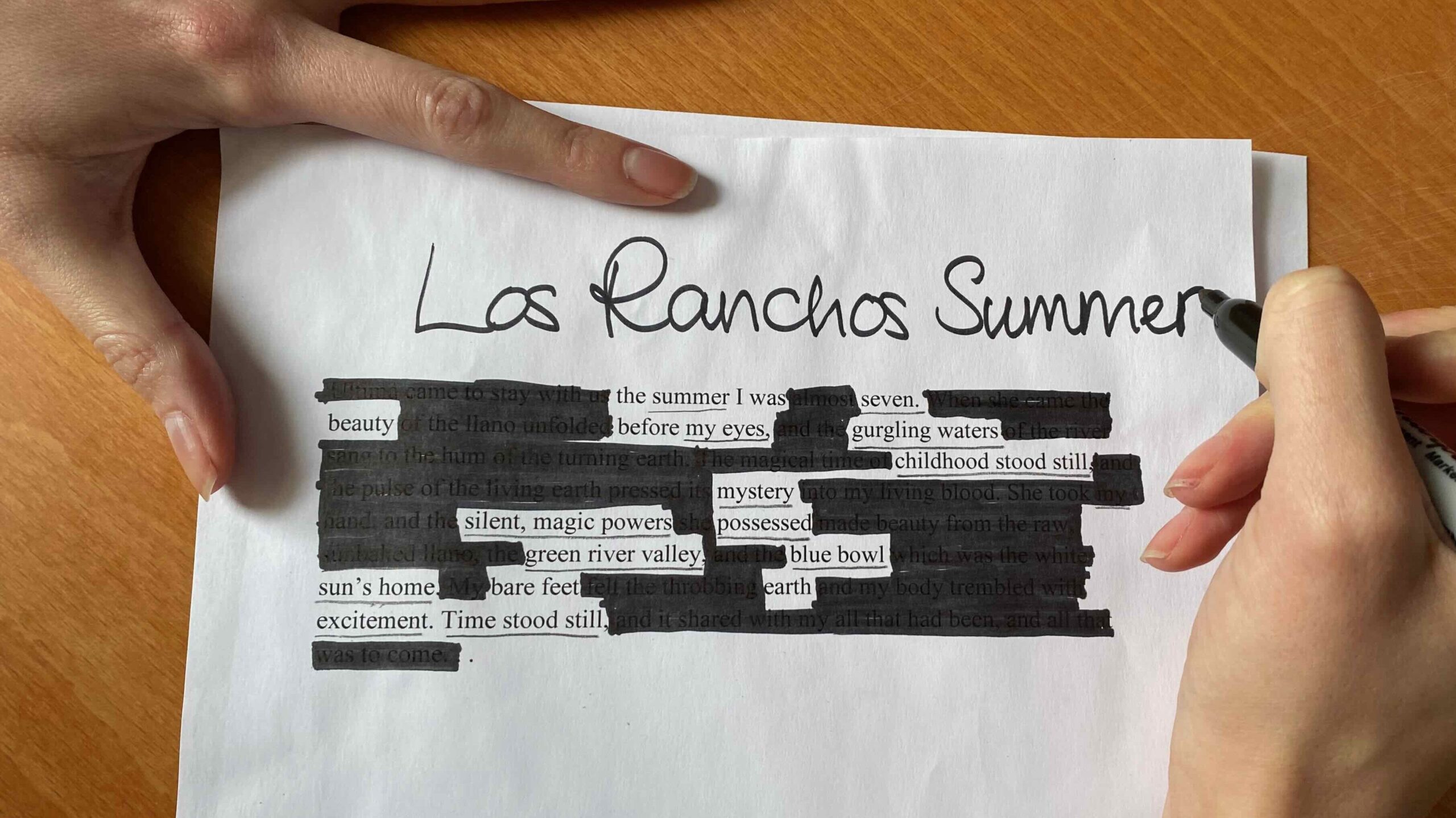 Erasure poetry example: 
Los Ranchos Summer
the summer I was seven
beauty before my eyes,
gurgling waters
childhood stood still
mystery
silent, magic powers possessed
green river valley
blue bowl
sun's home
bare feet
earth excitement.
Time stood still