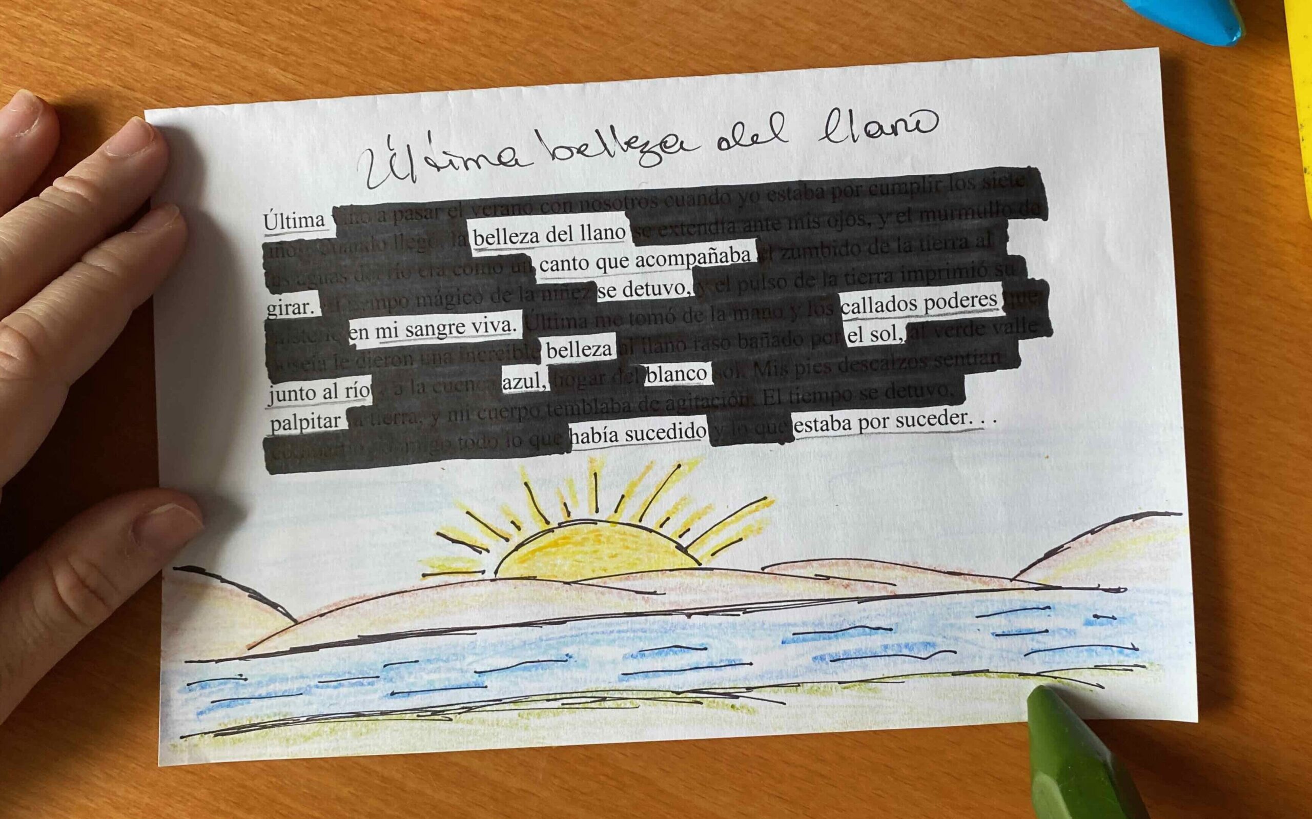 Erasure poetry example:
Última belleza del llano

Última belleza del llano
canto que acompañaba 
girar se detuvo,
en mi sangre viva
callados poderes
belleza el sol
junto al río azul
blanco 
palpitar
había sucedido
estaba por suceder . . . 